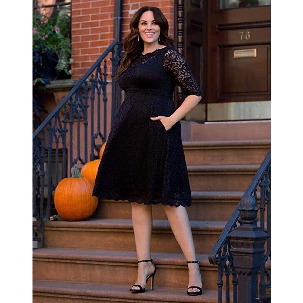 Kiyonna Dress Black Party Lacey Lace Style Sze 10 12 Pockets Slimming 3/4 Sleeve